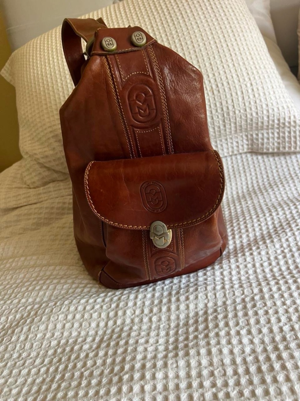 Genuine Leather Sling Backpack - Brown